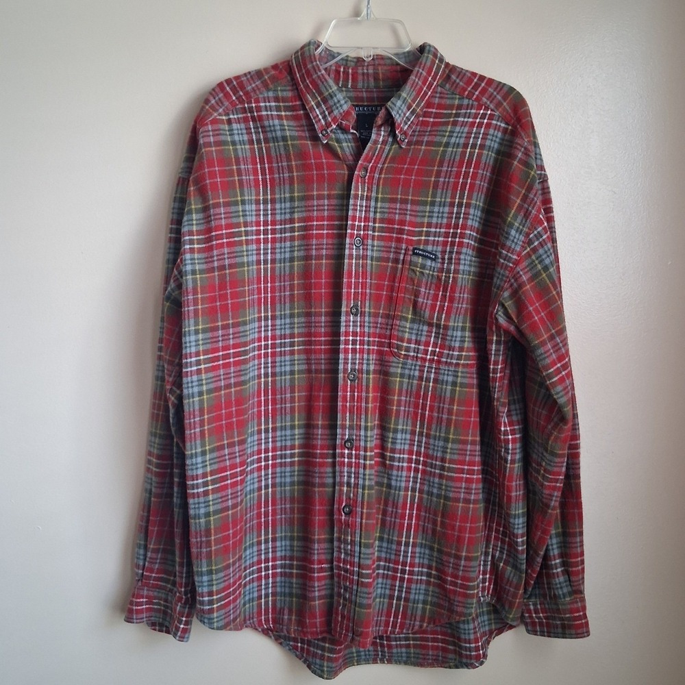 Vintage Structure Mens Red Plaid Flannel Shirt Long Sleeve Button Dwn Cotton L